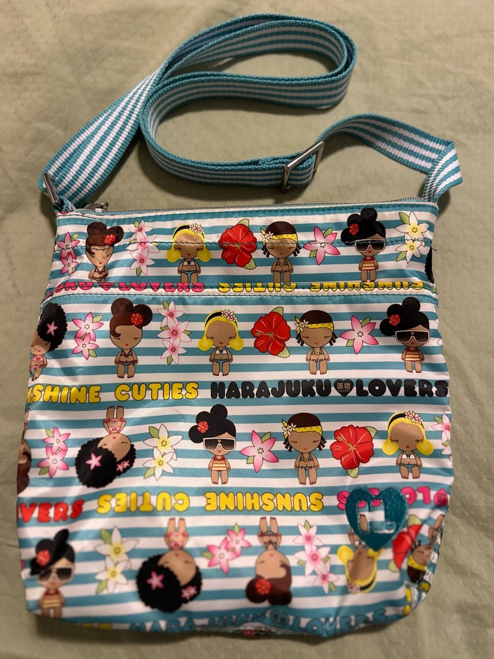 Harajuku Lovers Teal & White Striped Crossbody Bag with Character Print